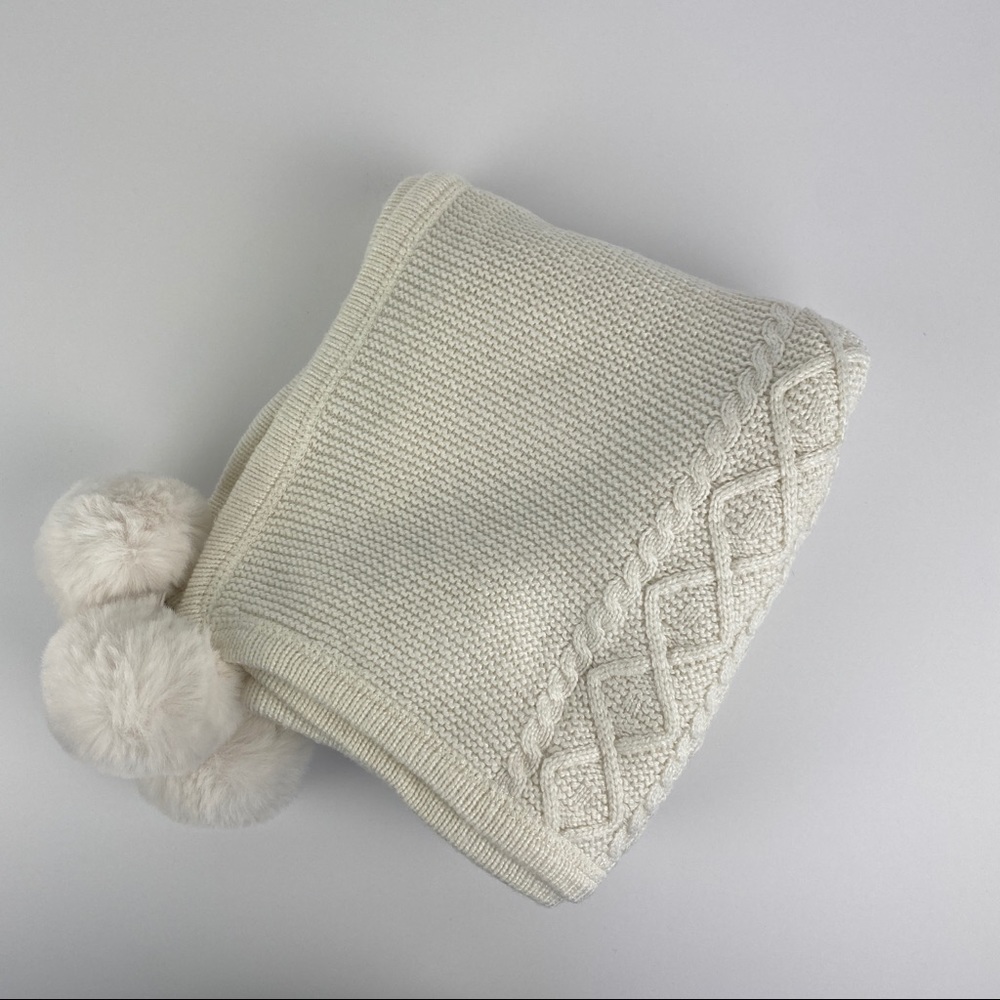 Monique Lhuillier Cream Knit Blanket with Pom Poms